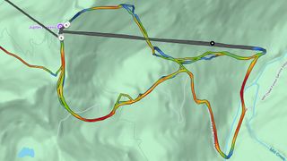 A map created by the Garmin Instinct 3 showing my snowboard route with different colors indicating my speed along the route