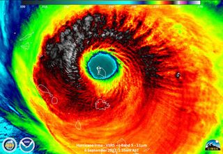 The eye of Hurricane Irma completely engulfs the island of Barbuda, shown here in this Suomi NPP satellite image captured on Sept. 6, 2017.