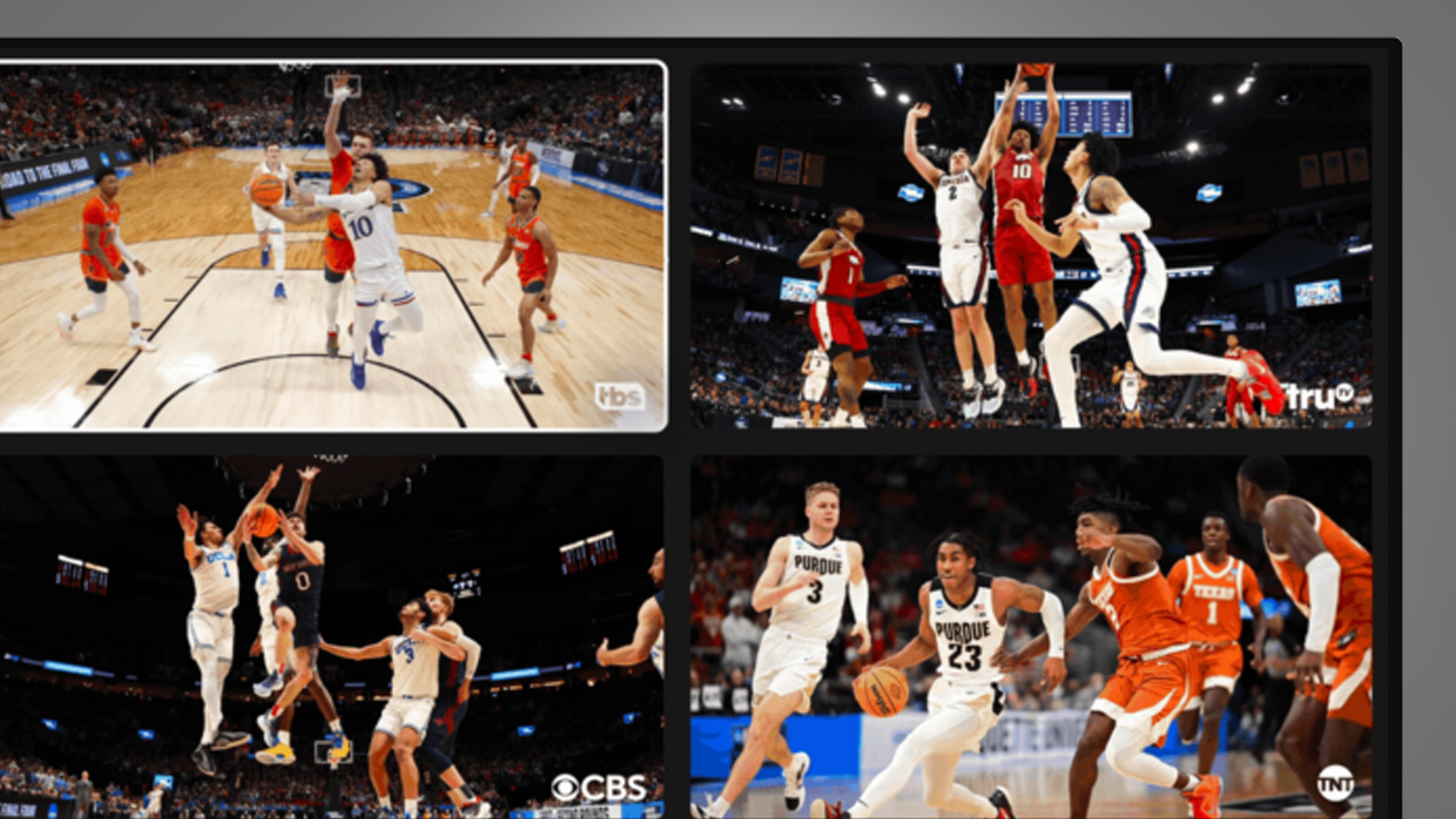 Layar TV dengan latar belakang abu-abu menampilkan multiview YouTube TV selama pertandingan basket