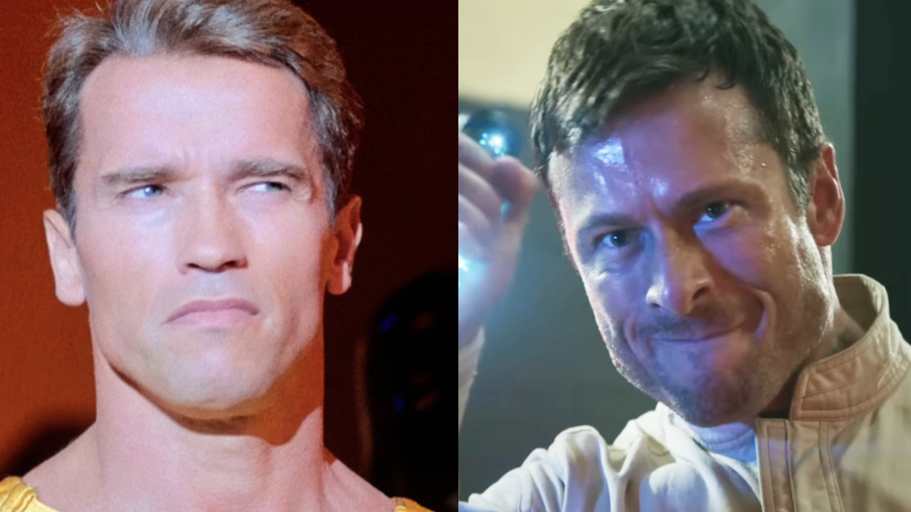 Arnold Schwarzenegger in The Running Man (1987), Glen Powell in The Running Man (2025). 