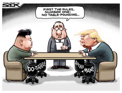 Political cartoon U.S. Trump Kim Jong-Un North Korea negotiations