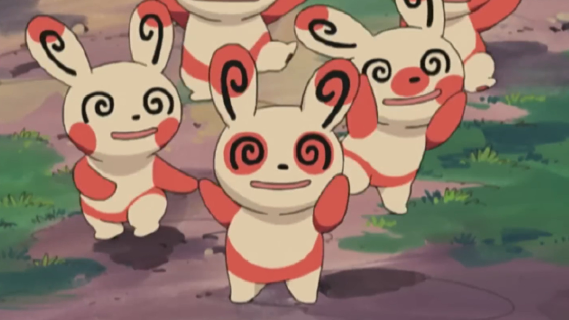 A group of Spinda in the Pokemon anime