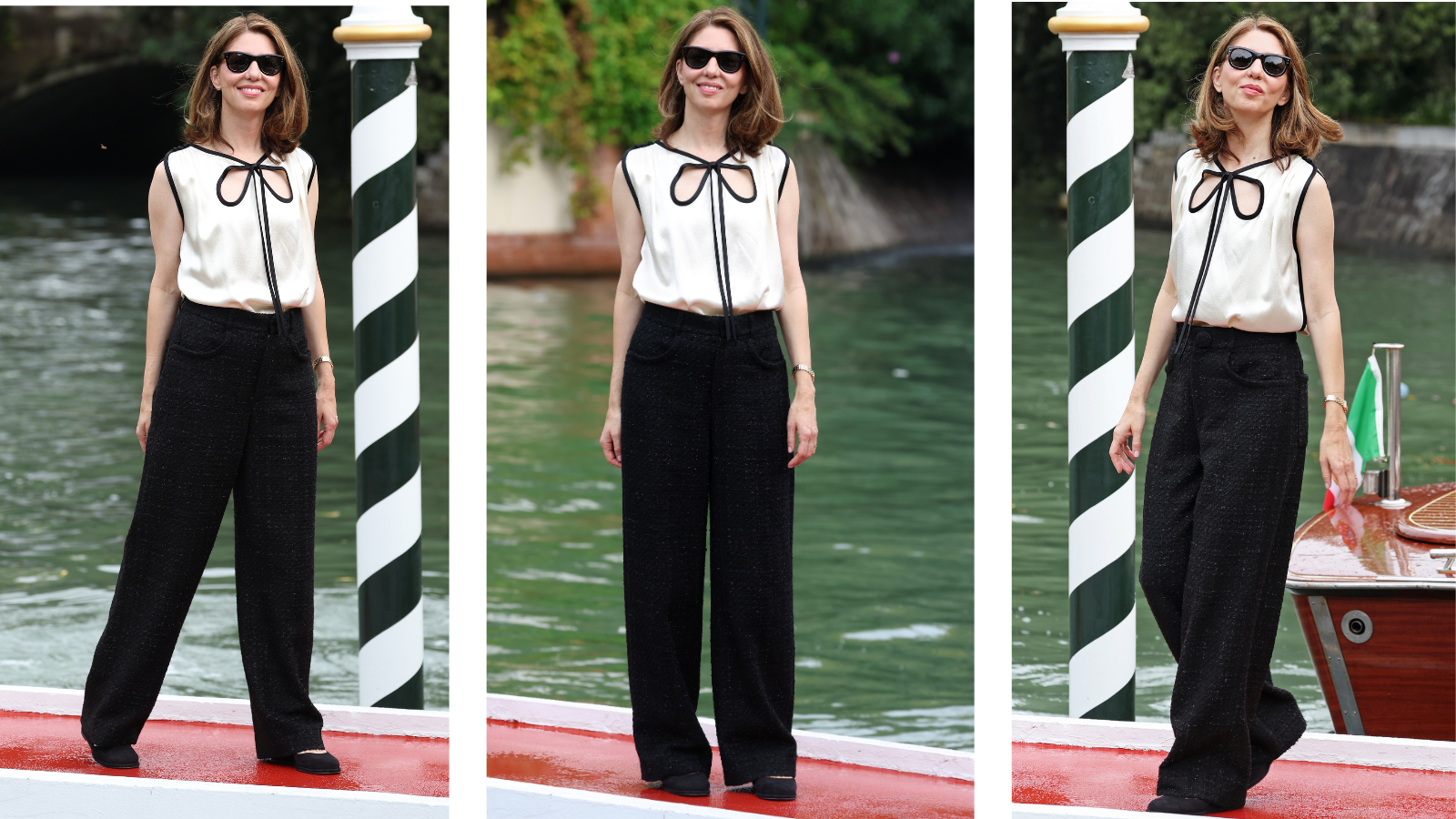 Sofia Coppola in a white blouse and black trousers
