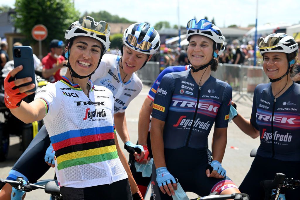 PLANCHE DES BELLES FILLES FRANCE JULY 31 Elisa Balsamo of Italy and Team Trek Segafredo with teammates prior to the 1st Tour de France Femmes 2022 Stage 8 a 1233km stage from Lure to La Super Planche des Belles Filles TDFF UCIWWT on July 31 2022 in Planche des Belles Filles France Photo by Dario BelingheriGetty Images