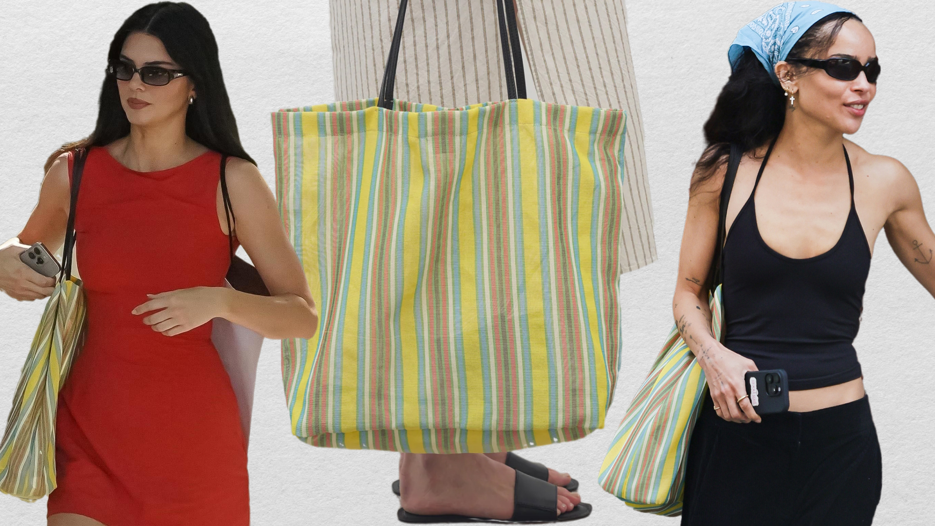 a collage of Kendall Jenner and Zoë Kravitz carrying The Row's Barn tote alongside a model holding the bag