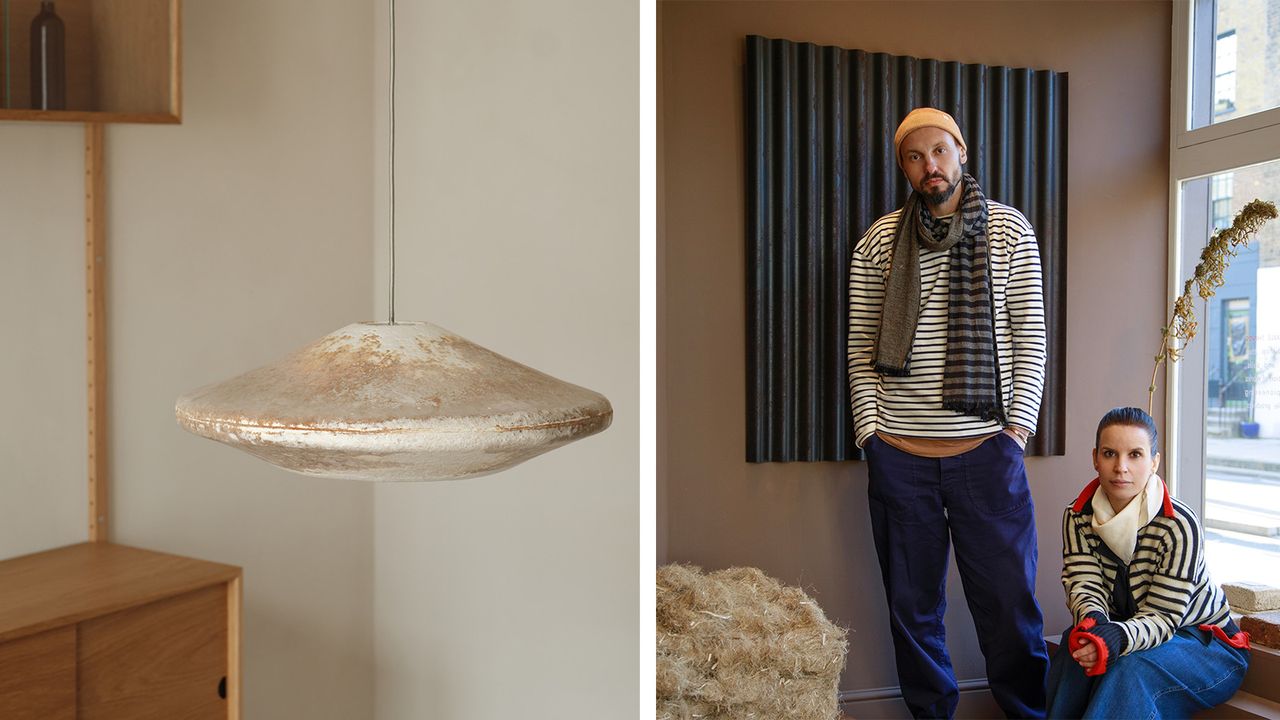 Home of Sustainable Things Left; Myceen pendant. Right Portrait of co-founders Petko Tashev and Desislava Vangelova