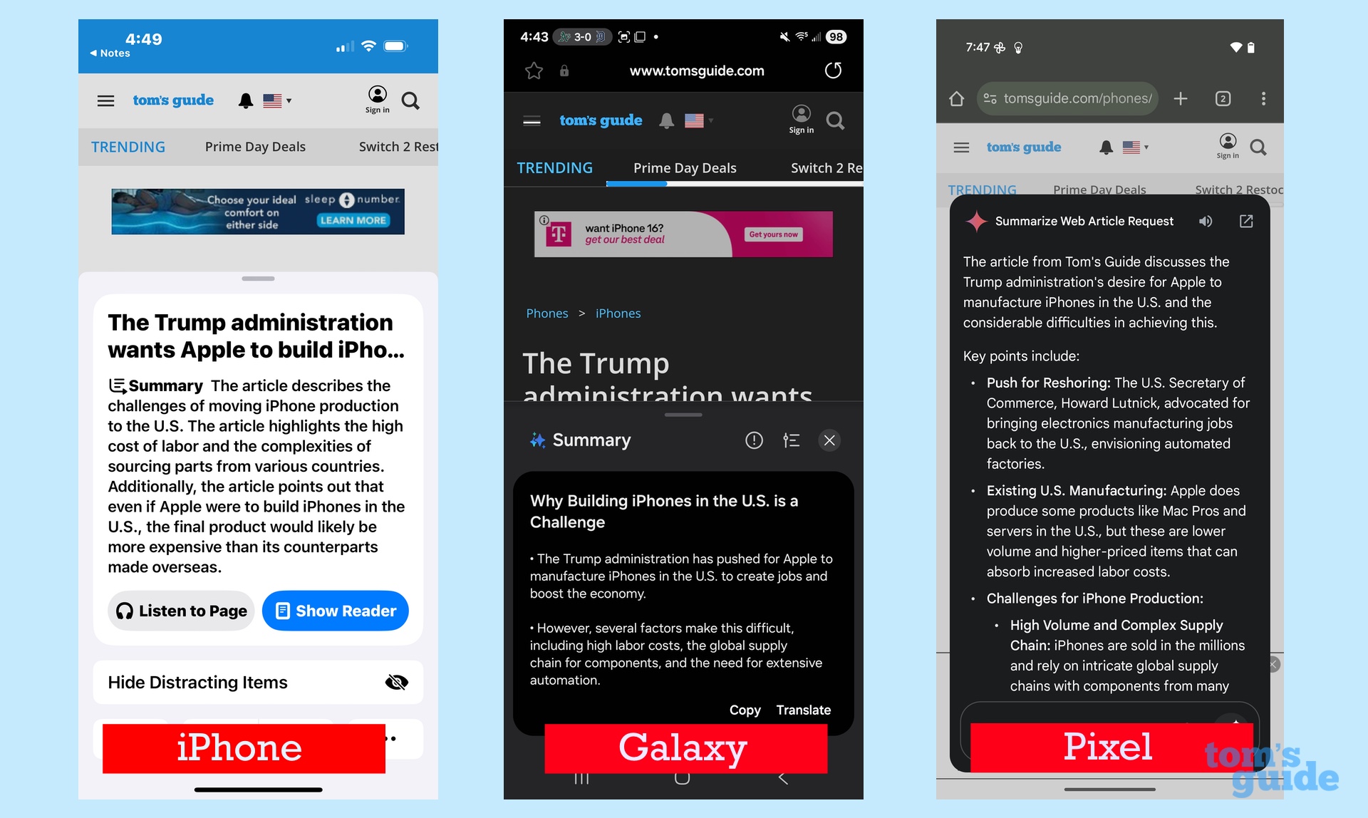 AI-generated summaries of web articles on the iPhone, Galaxy and Pixel phones