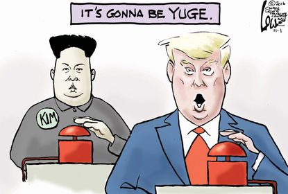 Political cartoon U.S. 2016 election Donald Trump Kim Jong Un Missiles