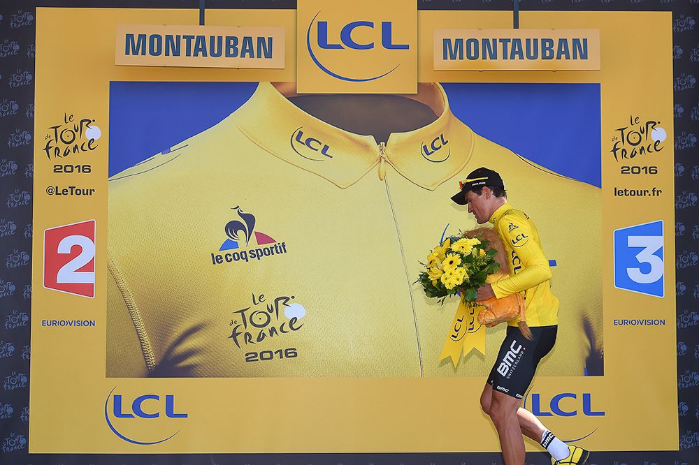 Greg Van Avermaet on the podium after stage 6 at the Tour de France.
