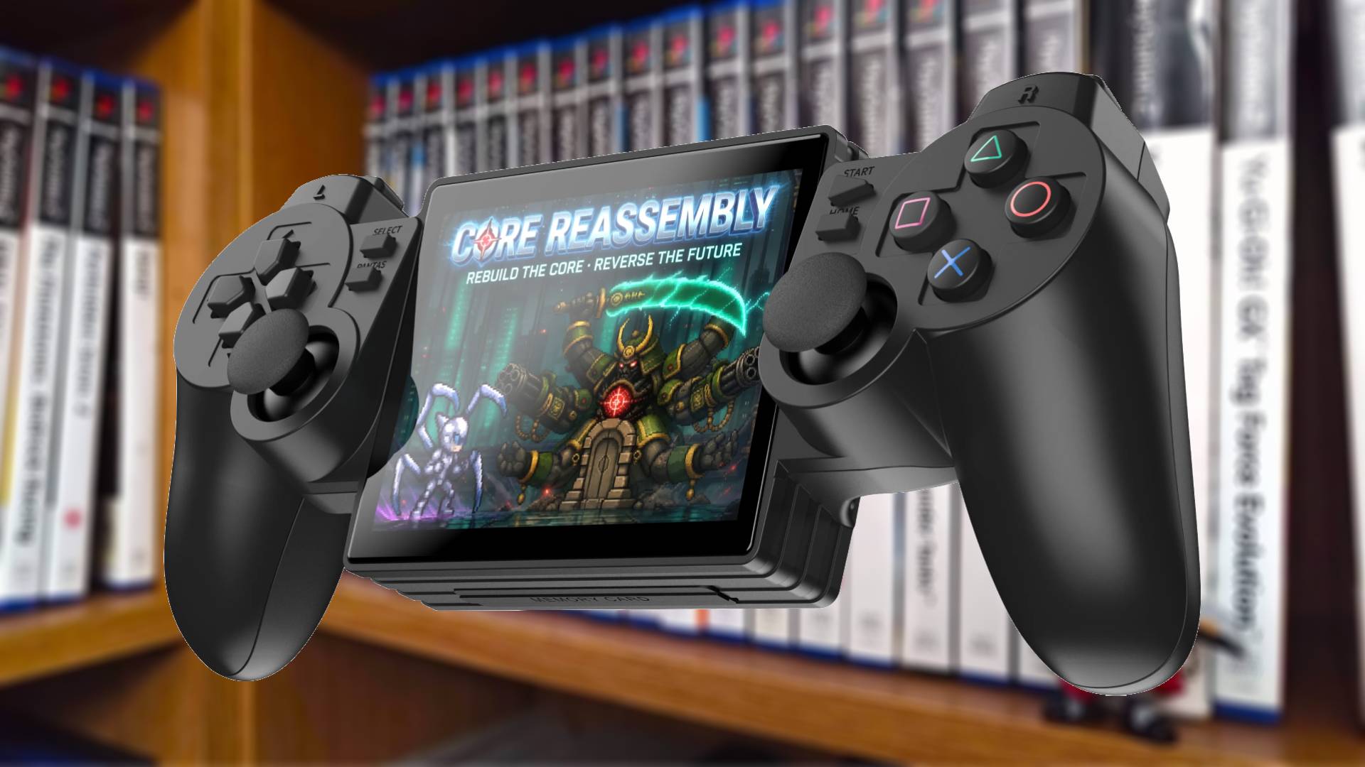 Yoniq Portal PS2 handheld in front of blurred PS2 games on shelf.