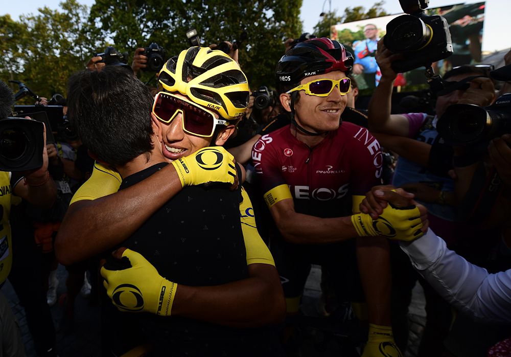 Egan Bernal (Team Ineos) celebrates with his brother at the end of the Tour de France