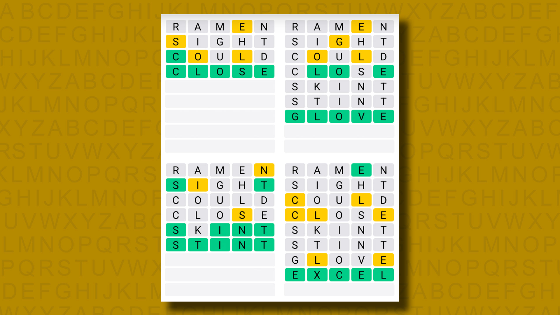 Quordle answers for game 1214 on a yellow background
