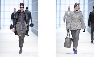 1 Model wore black dress, grey boots and 1 model wore grey jacket, grey pant and holding grey hand bag