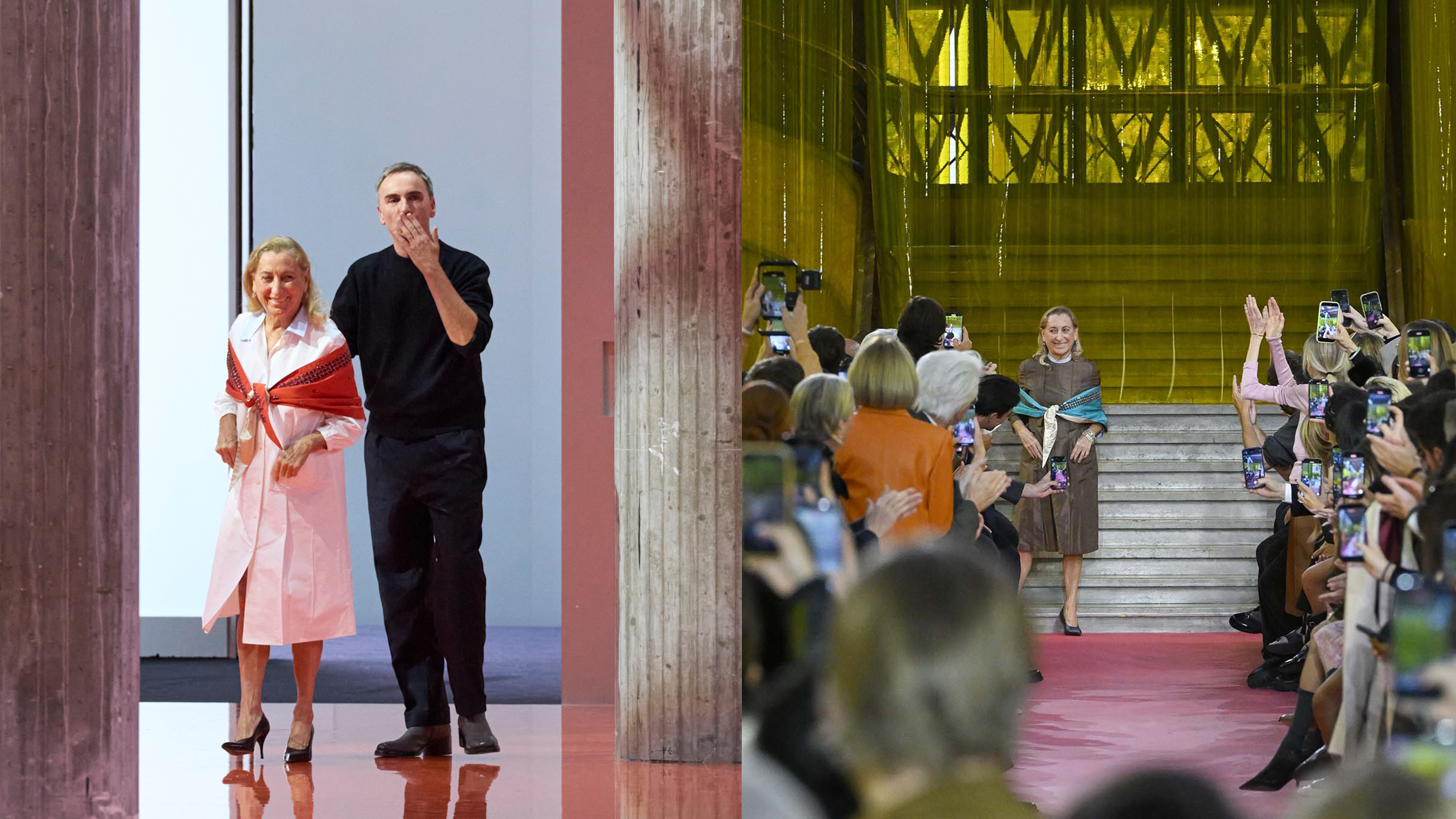 A photo of Miuccia Prada and Raf Simons bowing at the SS26 Prada and a photo of Miuccia Prada at the SS26 Miu Miu show. 