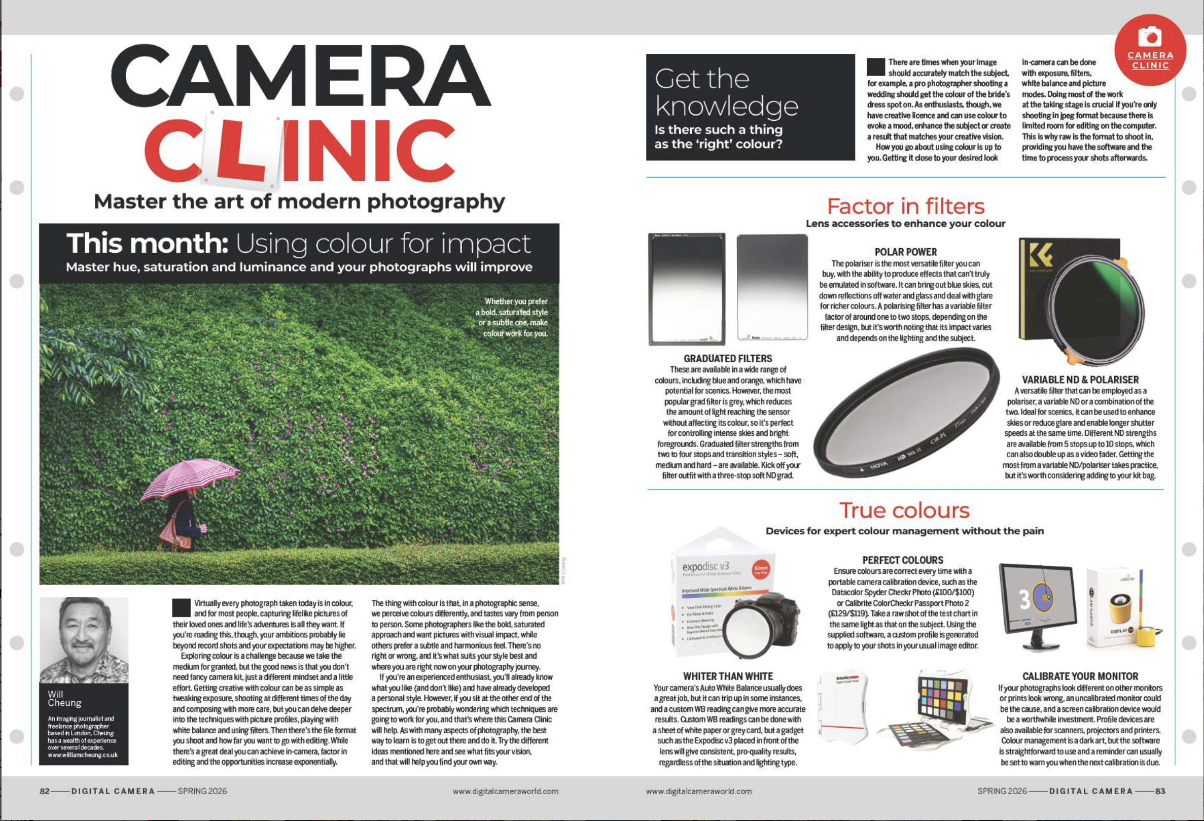 Image showing the first two pages of the Camera Clinic article in issue 306 (Spring 2026) of Digital Camera magazine, an 8-page masterclass about making the most of colour &amp;ndash; our expert Will Cheung explains how to make your photos pop