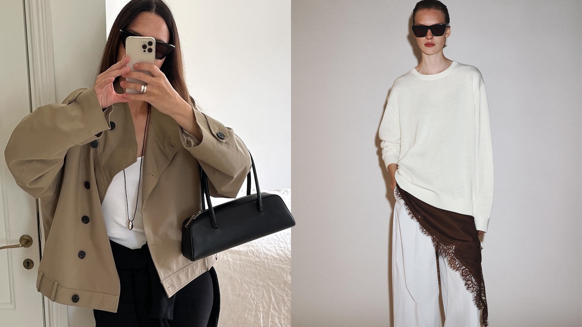 fashion collage of influencer Johanna Piispa wearing a cropped trench coat, white tee, silver pendant cord necklace, a black east-west bag, white top, and black capri pants as well as a Zara model photo wearing an oversize white sweater layered over a brown lace hem dress, and wide-leg white pants