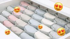A drawer divider with heart-eye emojis around it