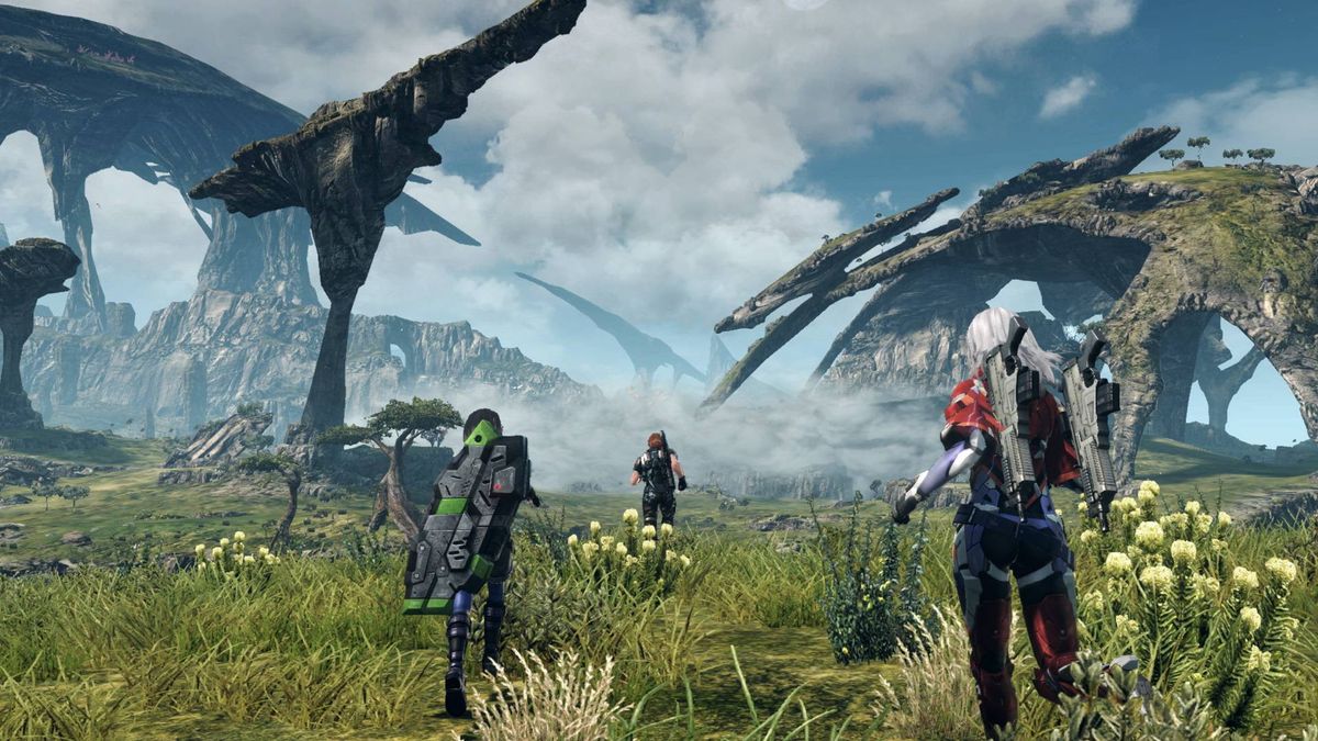 A screenshot from Xenoblade Chronicles X: Definitive Edition, showing the player character, Elma, and Lin running across a grassy plain.