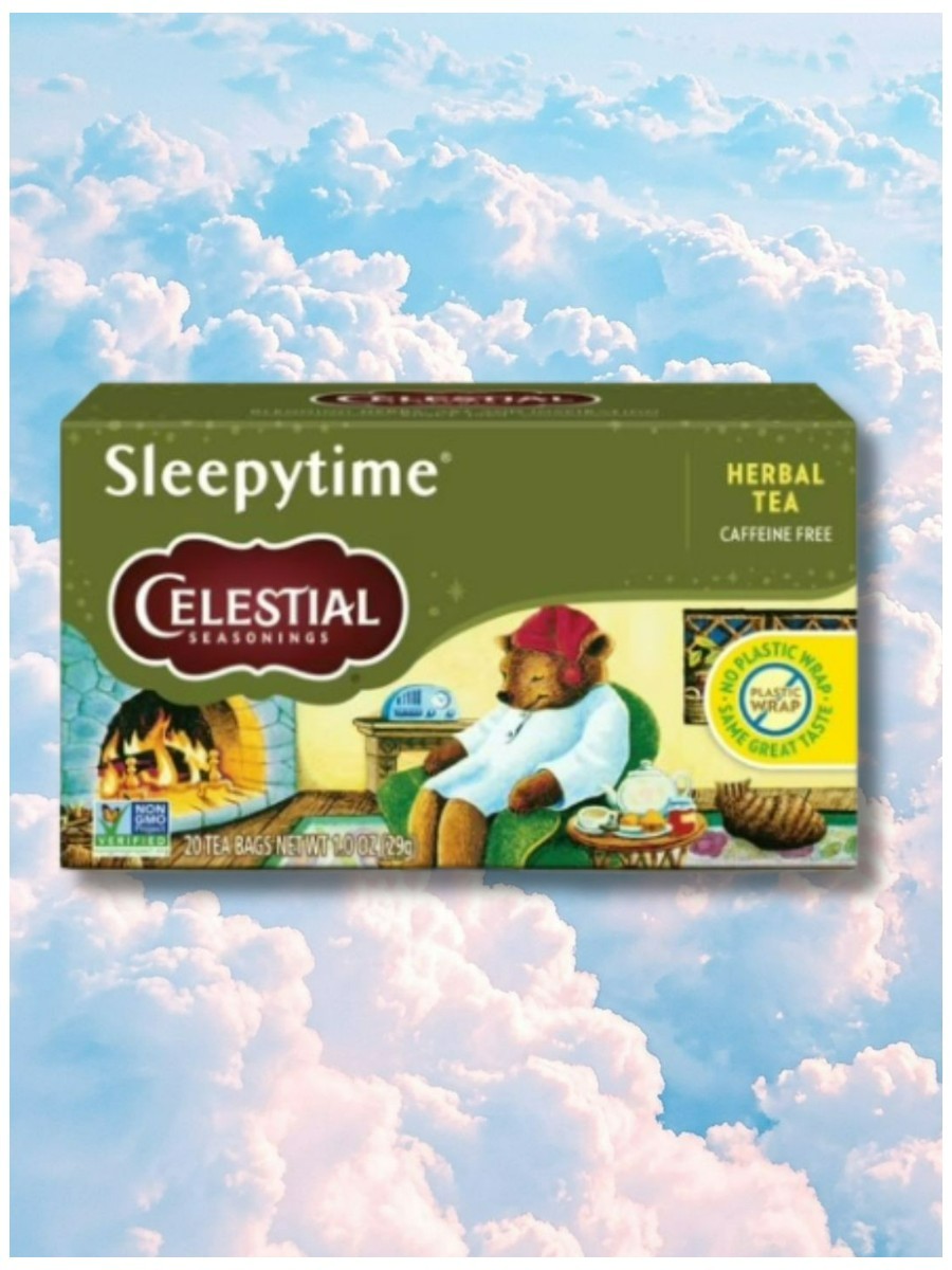 Celestial Seasonings, Sleepytime Caffeine-Free Herbal Tea Bags&amp;nbsp;on a dreamy pastel cloud background.