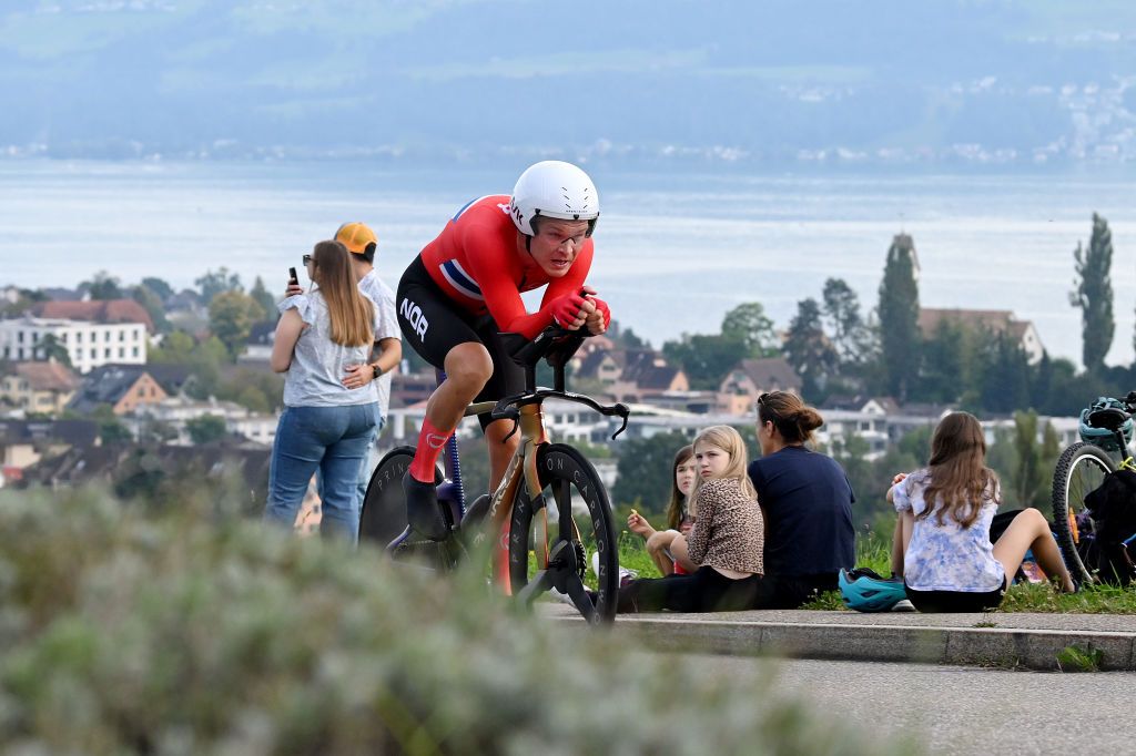 ZURICH SWITZERLAND SEPTEMBER 22 Tobias Foss of Team Norway sprints during the 97th UCI Cycling World Championships Zurich 2024 Mens Elite Individual Time Trial a 461km one day race from Gossau to Zrich on September 22 2024 in Zurich Switzerland Photo by Dario BelingheriGetty Images