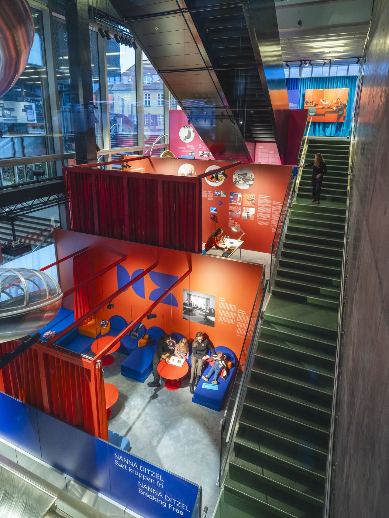 Red and blue exhibition spaces