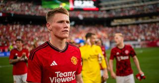 Manchester United star Scott McTominay applauds the fans after the pre-season friendly between Arsenal and Manchester United at MetLife Stadium on July 22, 2023 in East Rutherford, New Jersey.