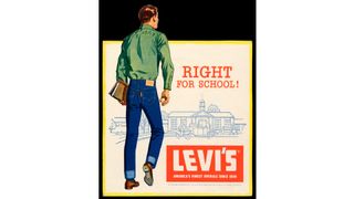 Print ad depicting a student striding towards school wearing Levi jeans