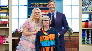 Host Sarah Pascoe returns to "The Great British Sewing Bee" with judges Patrick Grant and Esme Young