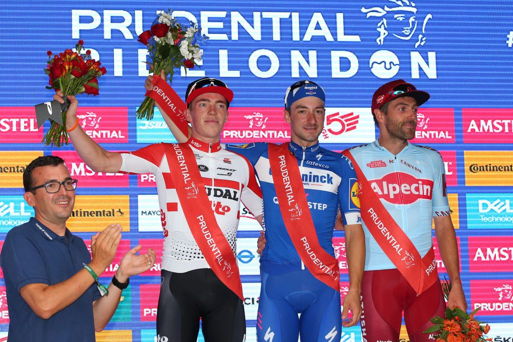 Elia Viviani takes centre stage after winning the 2019 RideLondon classic 