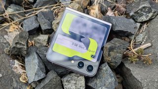 Samsung Galaxy Z Flip 5 on a pile of rocks