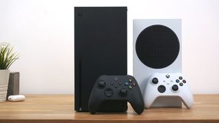 Image of Xbox Series X and Series S side-by-side with Xbox Wireless Controllers.
