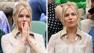 Two side-by-side pictures of Sienna Miller with a tousled updo whilst attending day nine of the Wimbledon Tennis Championships at the All England Lawn Tennis and Croquet Club on July 09, 2024 in London, England.