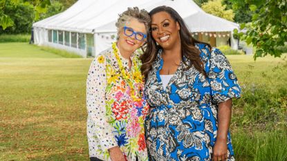 Prue Leith and Alison Hammond in front of the Bake Off tent