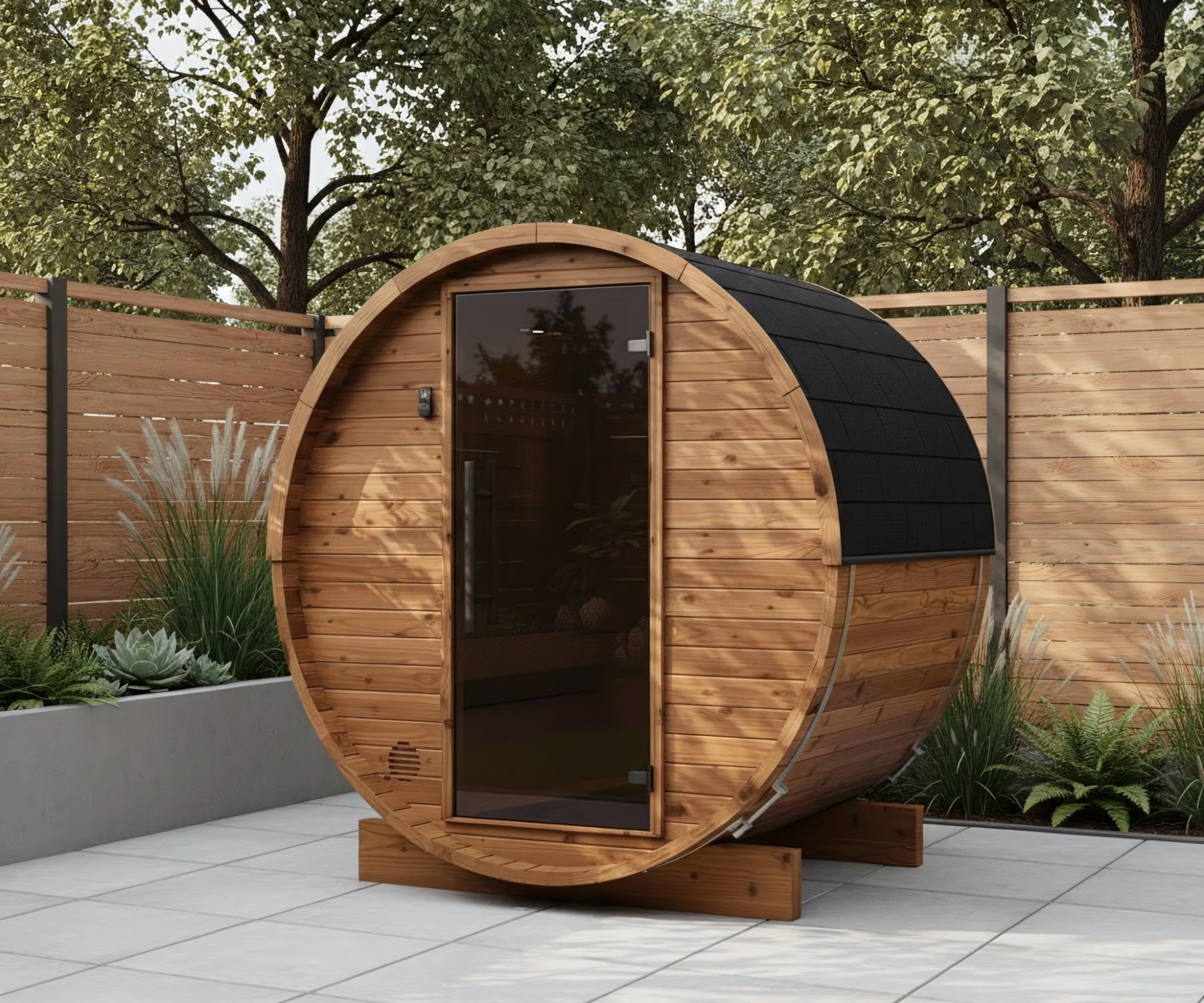 barrel shaped sauna on garden patio with wooden fence in background and planted borders