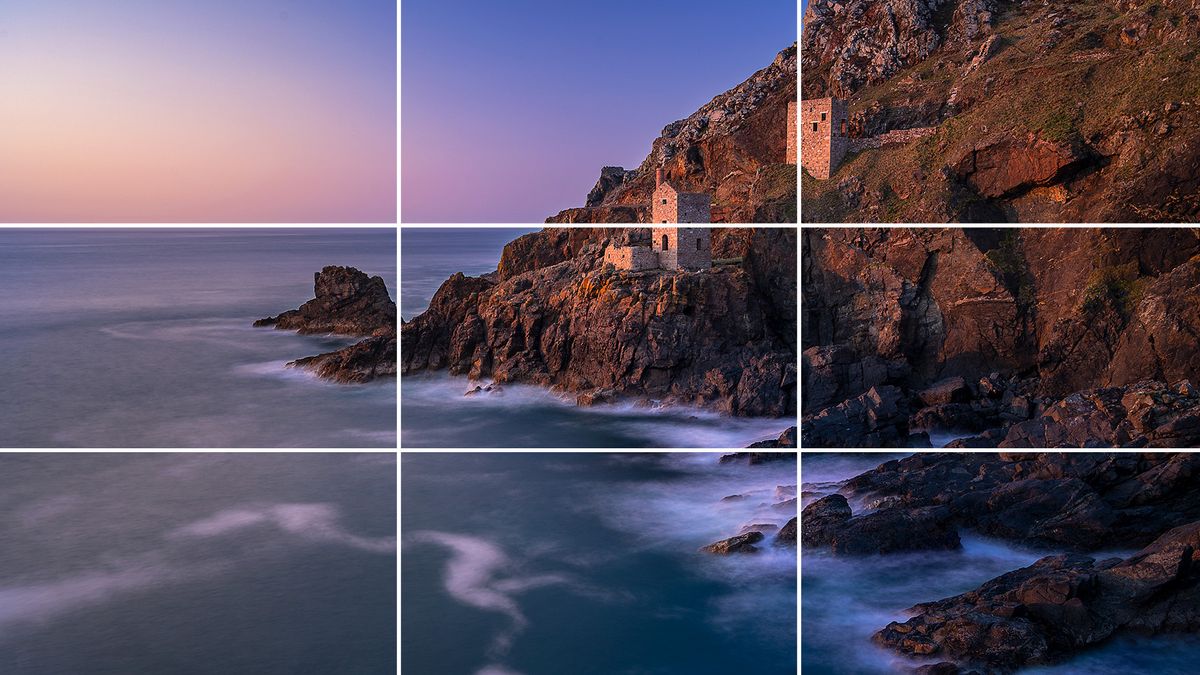 Rule of thirds grid overlaid onto image of long-exposure coastal seascape at sunset