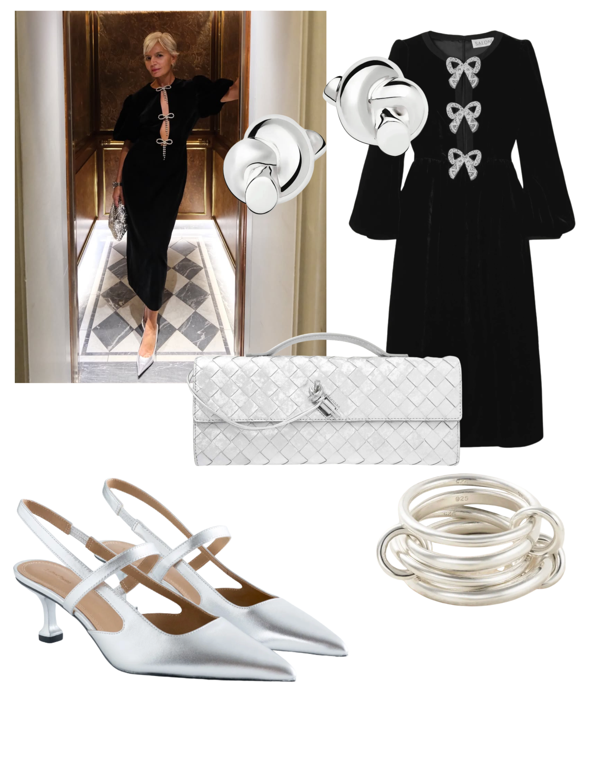 @greceghanem wears black dress crystal bows and silver accesories