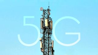 A 5G mast against a blue sky, with the number 5 in white text to the left of the mast, and the letter G in white text to the right