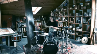 A picture of Gojira's Mario Duplantier playing his drums