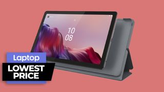 Lenovo Tab M9 tablet against a red background