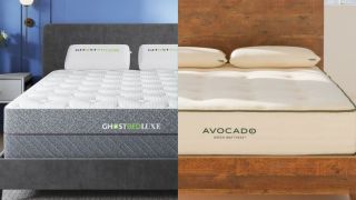 The GhostBed Luxe mattress on a grey bedframe next to the Avocado Green mattress on a wooden bed frame