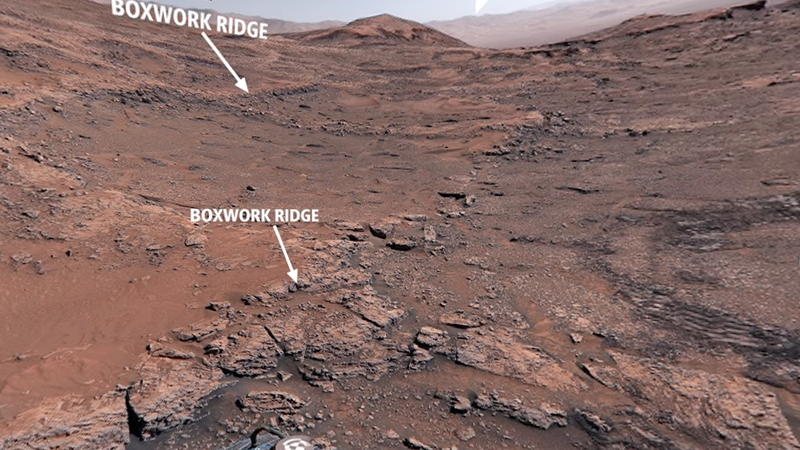 Photo of Mars surface taken by the Curiosity rover with boxwork ridges labelled