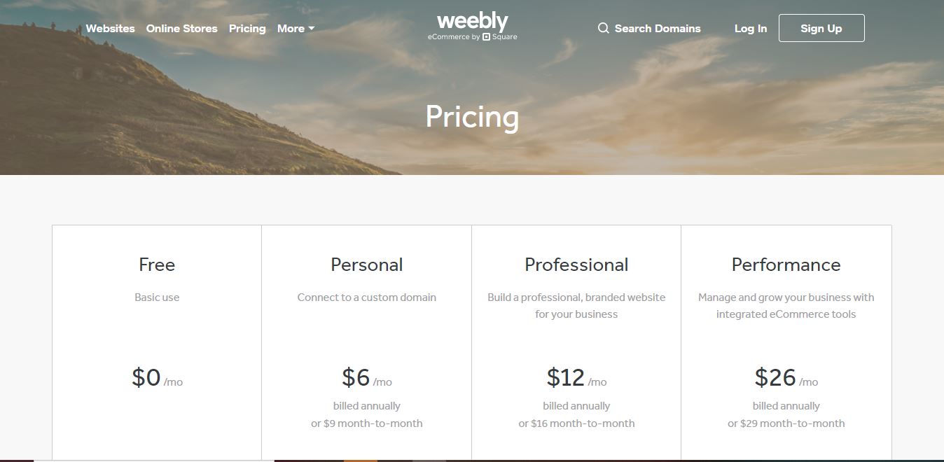 Weebly offers three paid plans and a free plan