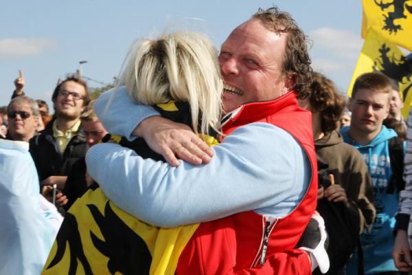 Belgian fans celebrate Tom Boonen's victory