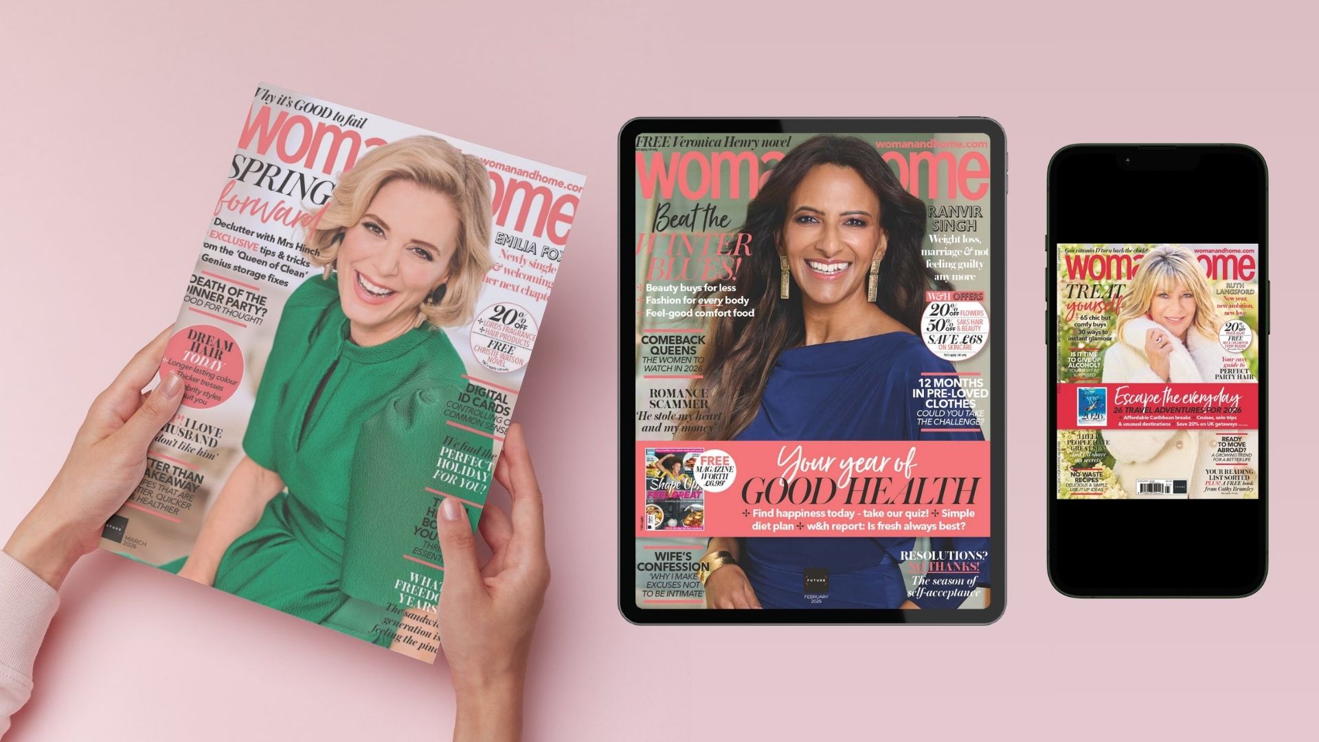 woman&amp;amp;home magazine covers for the March 2026-Oct 2025 issues, featuring Emilia Fox, Ranvir Singh, Ruth Langsford, Joanna Lumley, Penny Lancaster, and Charlotte Hawkins
