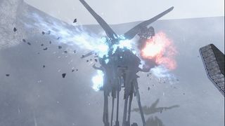 Halo 3 Permafrost gameplay showing a Covenant spire exploding after a MAC strike, with debris and blue plasma effects filling the snowy battlefield.