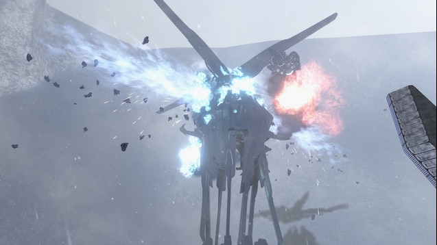 Halo 3 Permafrost gameplay showing a Covenant spire exploding after a MAC strike, with debris and blue plasma effects filling the snowy battlefield.