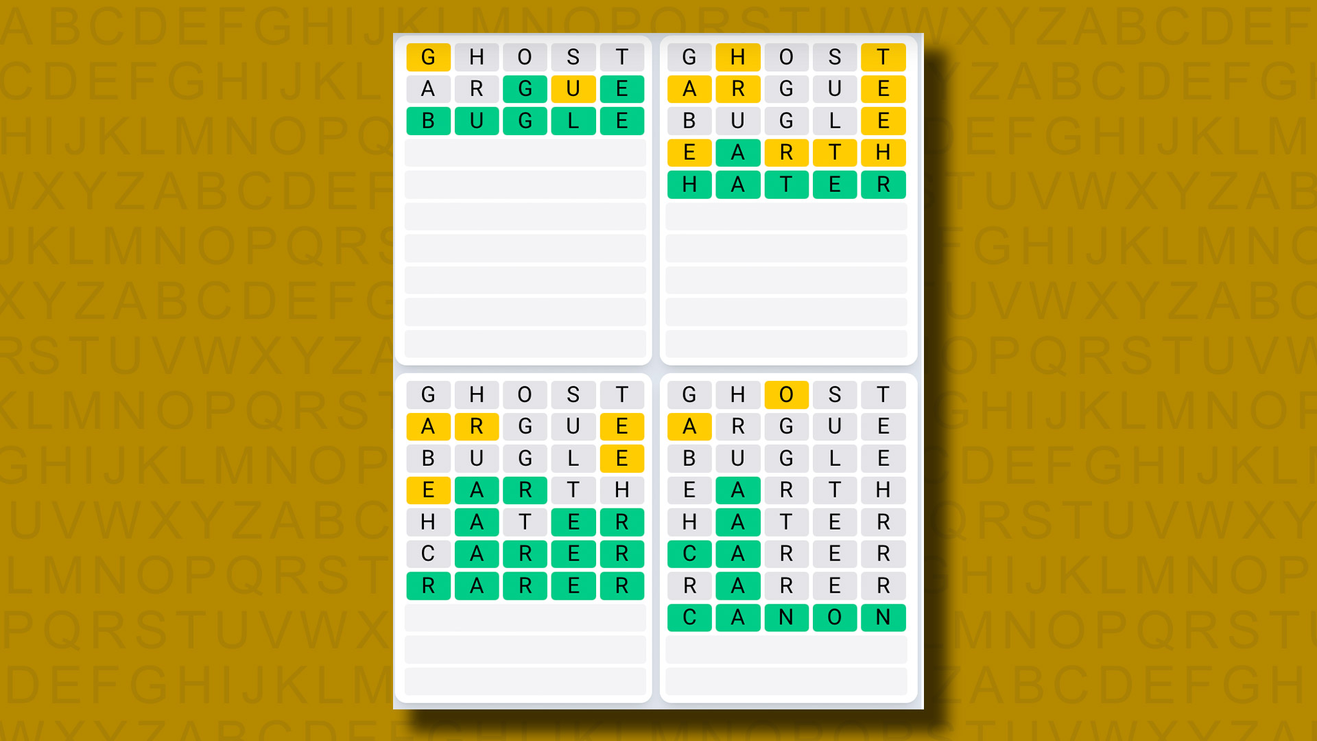 Quordle Daily Sequence answers for game 1067 on a yellow background