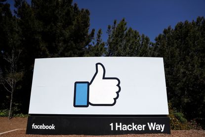 A sign welcomes people to Facebook in Menlo Park.
