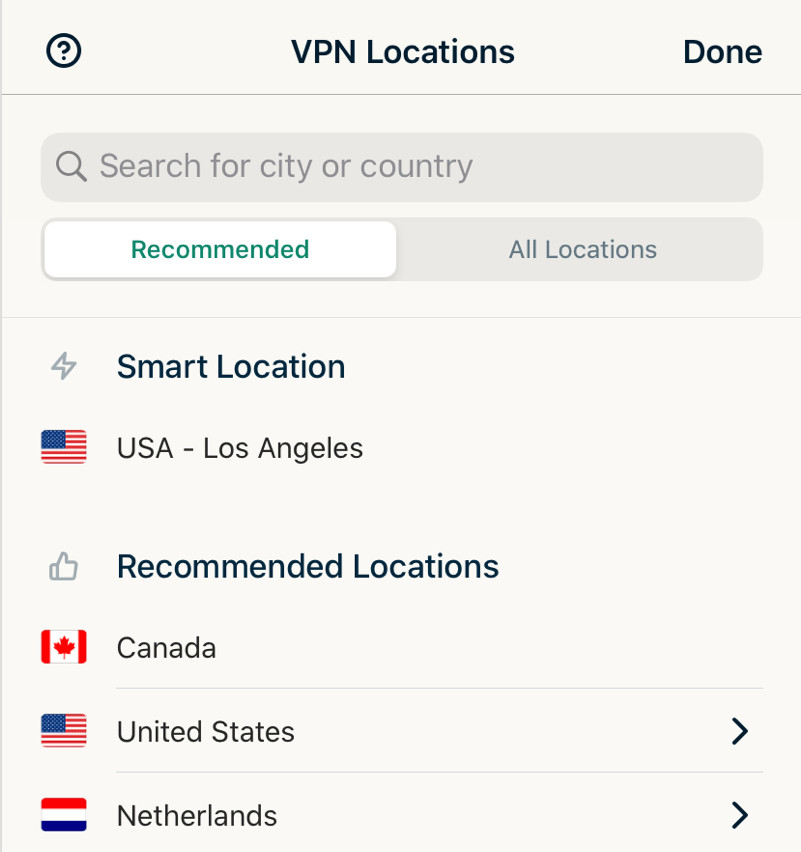 Screenshot from ExpressVPN app showing selectable options for VPN location
