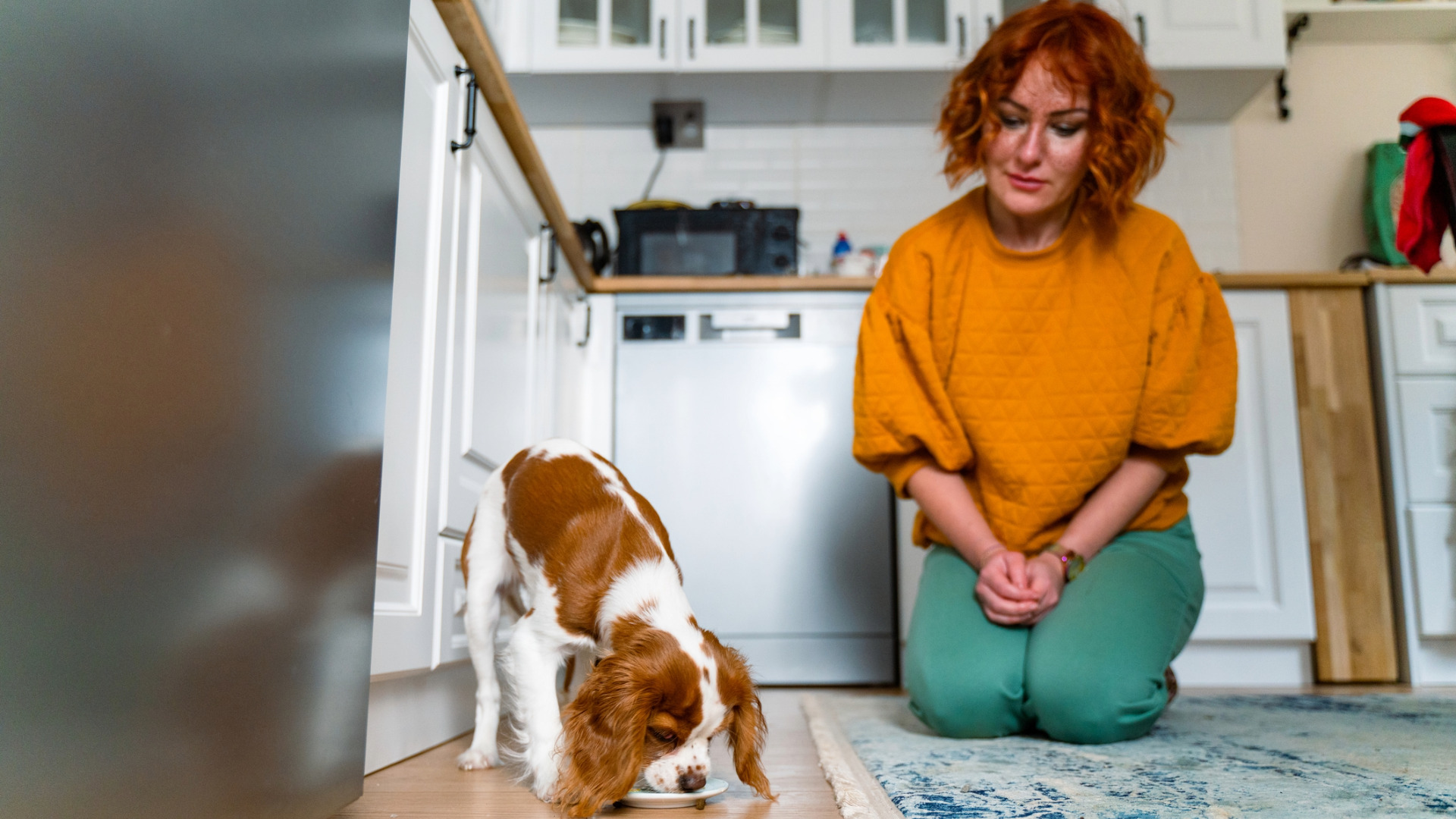 woman sitting next to dog who's eating